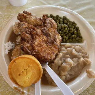 Fried pork chop a white beans and peas