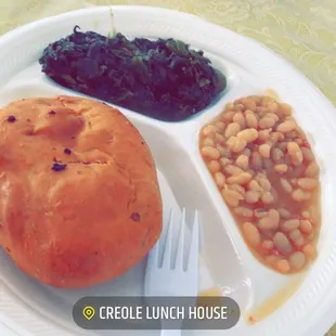 Creole stuffed bread, navy beans, and spinach