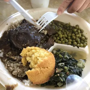 Smothered liver, sweet peas, and turnip greens