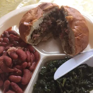 Creole stuffed bread, spinach, red beans over too white rice. Yummy and spicy!