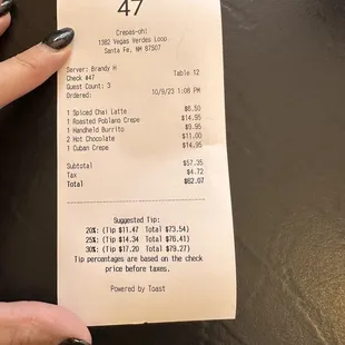 a receipt for a restaurant
