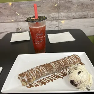 Brownie Crepe and the watermelon tea with green apple boba.