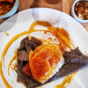 &apos;Grand Prix Coffee&apos; Buckwheat Crêpe.  Love at first bite ;)  + Smashed fried fingerlings, oh yes!