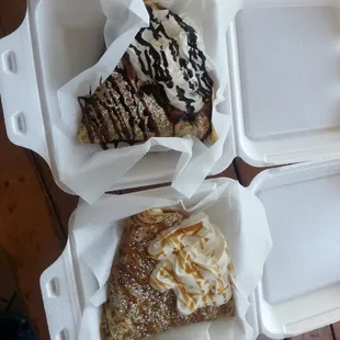 Dulce de leche crepe with chocolate sauce and ricotta, apples and cinnamon with caramel sauce (approx. $6 each)