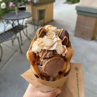 Peanut butter bubble waffle with chocolate ice cream