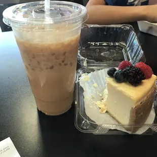 Iced Caramel Macchiato, berry cheesecake.