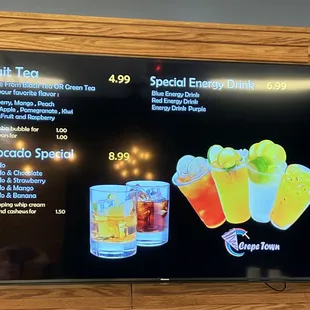 Menu screen: teas and beverages