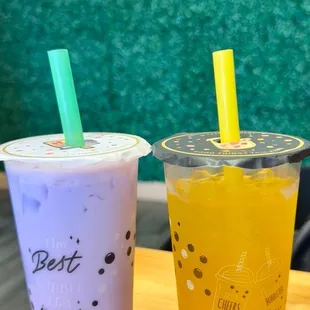 Taro milk tea &amp; mango tea with passion fruit popping boba
