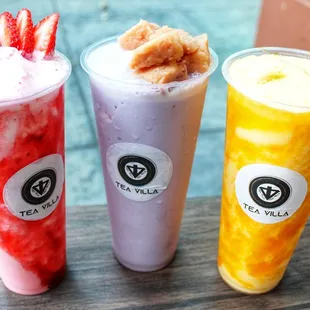 Trio of Strawberry, Ube, &amp; Mango smoothies.