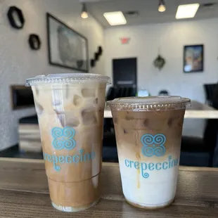 Iced White Chocolate Mocha w Oat Milk Iced Caramel Macchiato
