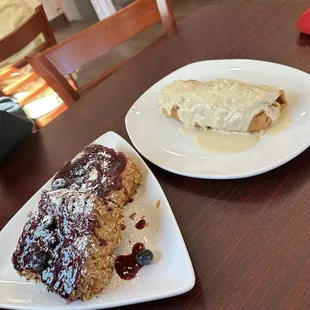 Blueberry Stuffed French Toast and a breakfast crepe with potatoes bacon and eggs