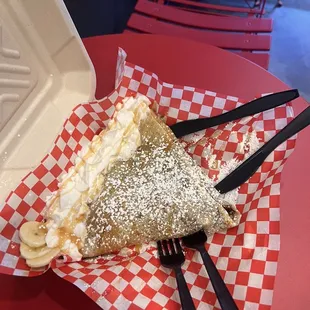 Bananas;strawberries;Nutella; whipped cream with Caramel!  (You can alternate the toppings)