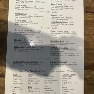 Sweet crepe menu