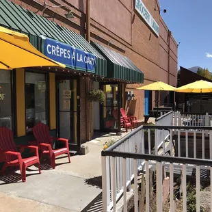 The store front. Get away from the hustle and bustle of Main St. and relax on our patio with a delicious crepe.