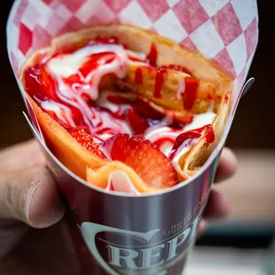 Mr Pink Crepes, it has strawberry fruit, ice cream, condense milk and more!