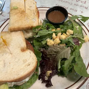 Grilled chicken sandwich with avocado and side salad