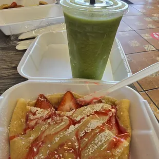 Strawberry and cream cheese crepe with a green dream chia smoothie without milk. So good!