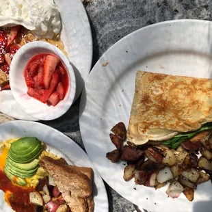 california crepe, south of the boarder omelette, strawberry crepe
