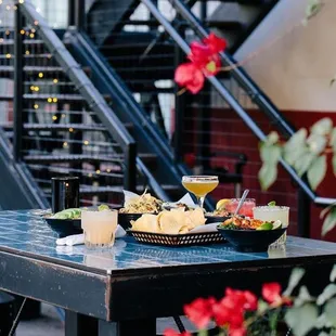 a table with food and drinks on it