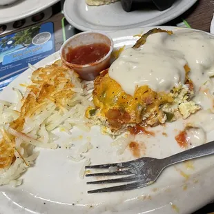 Veggie omelette, hash browns, biscuits and gravy
