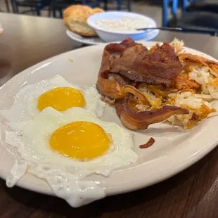 2 Over, bacon, hashbrowns, biscuit and gravy.