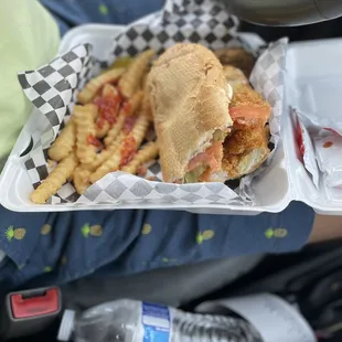 Gumbo, boudin balls, fish &amp; shrimp combo po-boy