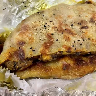 Delicious stuffed naan with goat cheese and mushrooms! Delish!