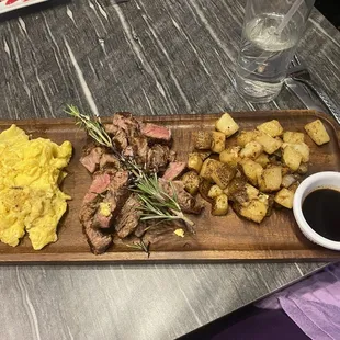 Ribeye steak and eggs, with roasted breakfast potatoes