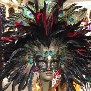 Black&amp;Red rooster tail mask with peacock hand made in our studio/shop