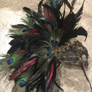Roosters tail black&amp;red feather mask hand made in our studio/store
