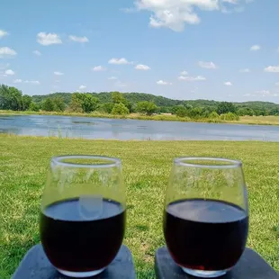 two glasses of wine on a bench overlooking a lake
