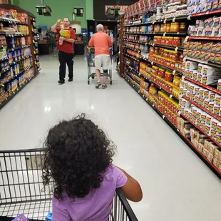 a little girl pushing a shopping cart in a grocery store