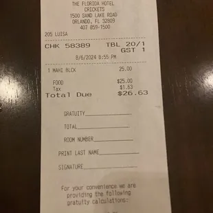 Receipt. For sandwich, fries and water.
