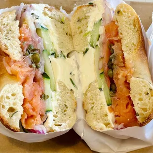 Rosemary bagel with chive cream cheese, lox, veggies. Amazing.