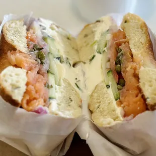 Rosemary bagel with chive cream cheese, lox, veggies. So freaking good.