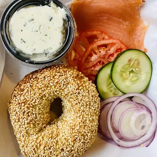 Lox Box with sesame bagel &amp; chive schmear