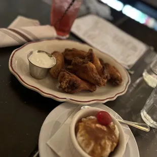 Chicken Wings w/ Old bay + Caramel-Cinnamon Rice Pudding