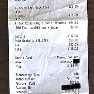 a receipt for a restaurant