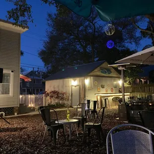 outdoor seating area at night