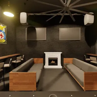 a room with a fireplace and chairs