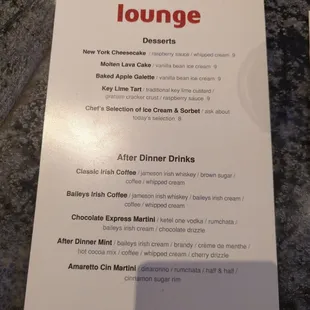 Dessert menu