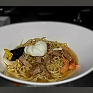 Ramen Bowl, house pulled ramen, lamb breast &amp; belly, lamb dashi, Kissimmee river oyster mushrooms, poached lake meadows pullet e