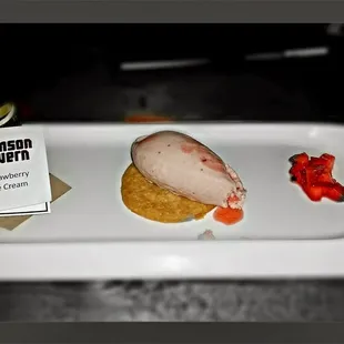 Parksdale farm Strawberry Gelato with house spun gelato (house preserve, cream, whole milk),cardamom shortbread and strawberry b
