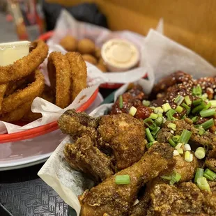 Whole chicken, onion rings, fried mushrooms