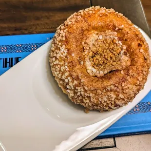 Sugar-crusted morning bun with chocolate-hazelnut topping.