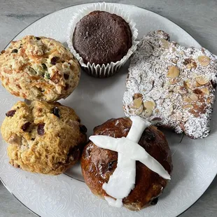 scones, muffin, specialty almond croissant