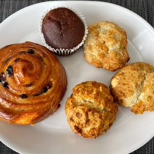 Raisin danish, muffin and ginger scones