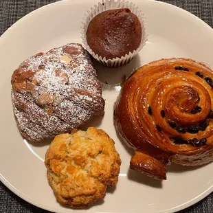 Almond croissant, pumpkin muffin, raisin danish, ginger scone