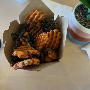 Sweet Potato Fries with sea salt, and fried basil