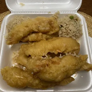 8 pieces and there is rice in both areas under that last piece of chicken. Fries are better and only $1 extra